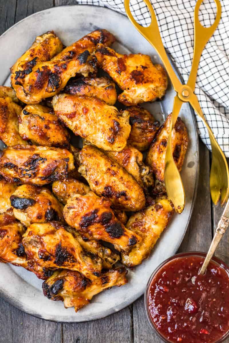 overhead image of cranberry chicken wings on platter