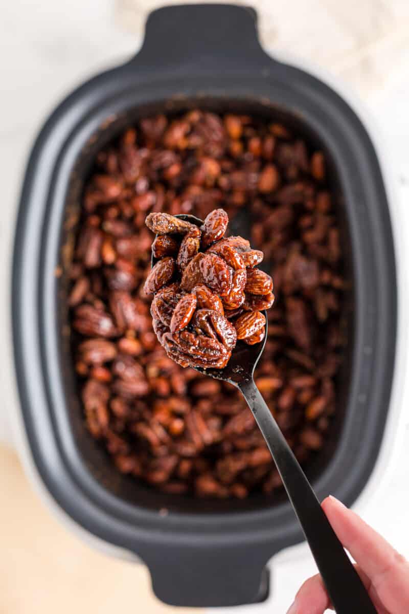 lifting up spoonful of crockpot candied nuts