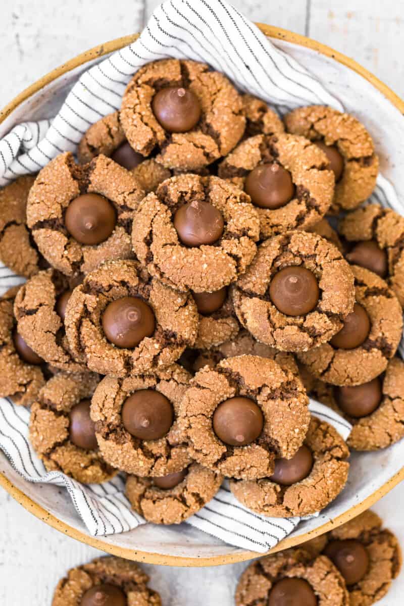 overhead pic of chocolate kiss cookies in bowl