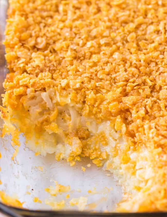 up close image of inside of funeral potato casserole