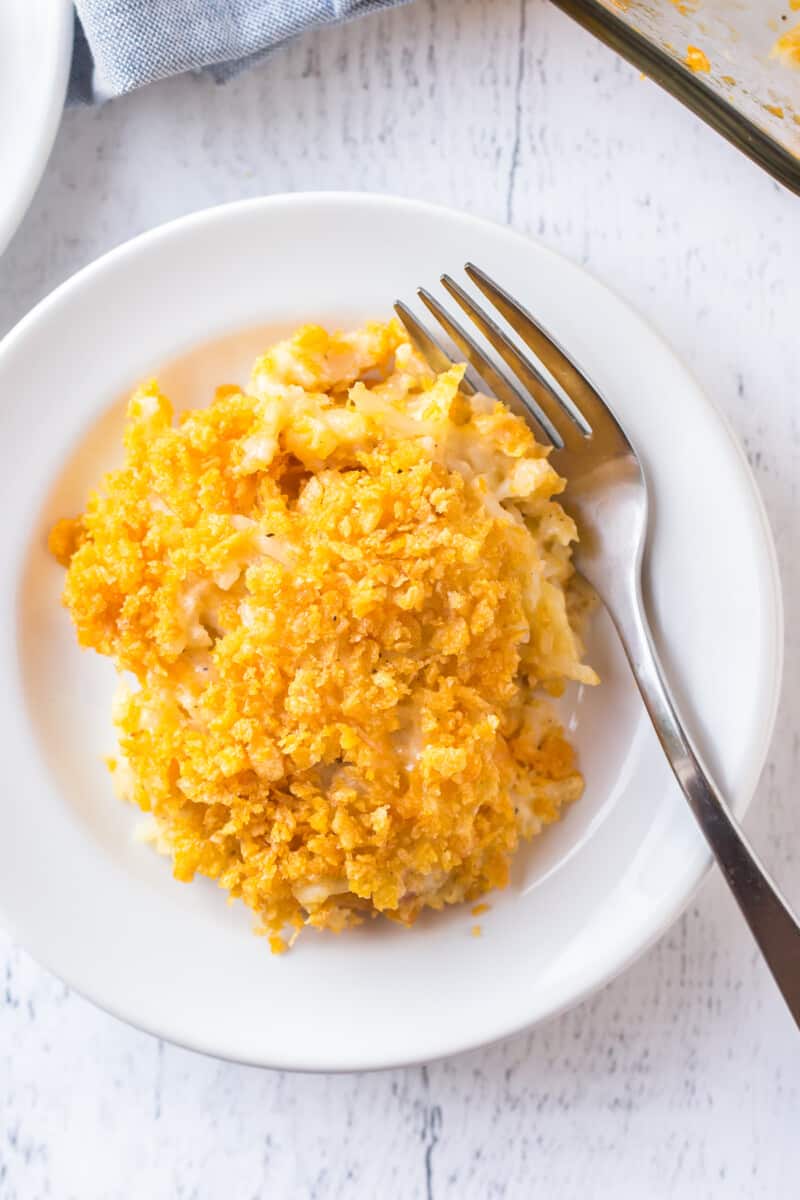 up close image of funeral potato casserole on plate