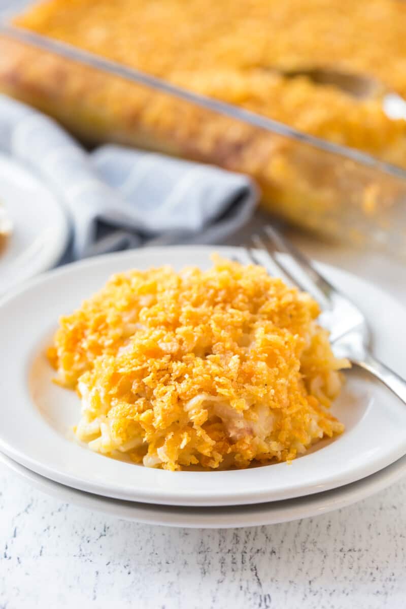 side shot of funeral potatoes on plate