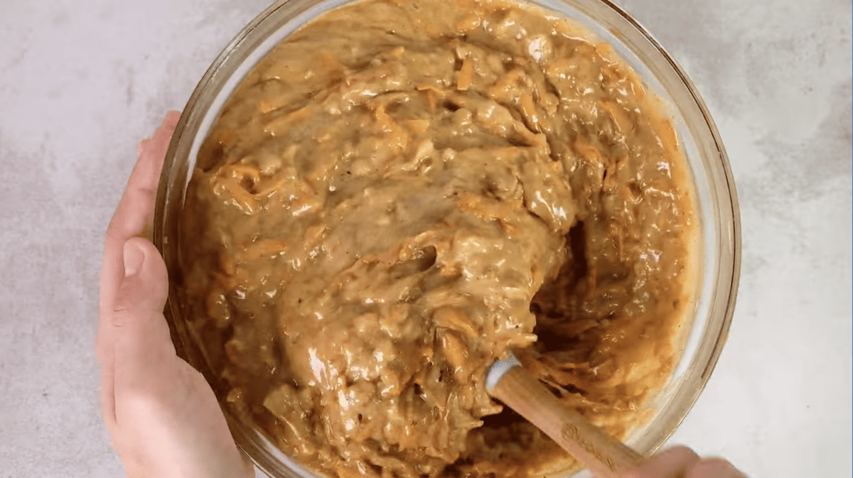 carrot cake batter in a glass bowl.