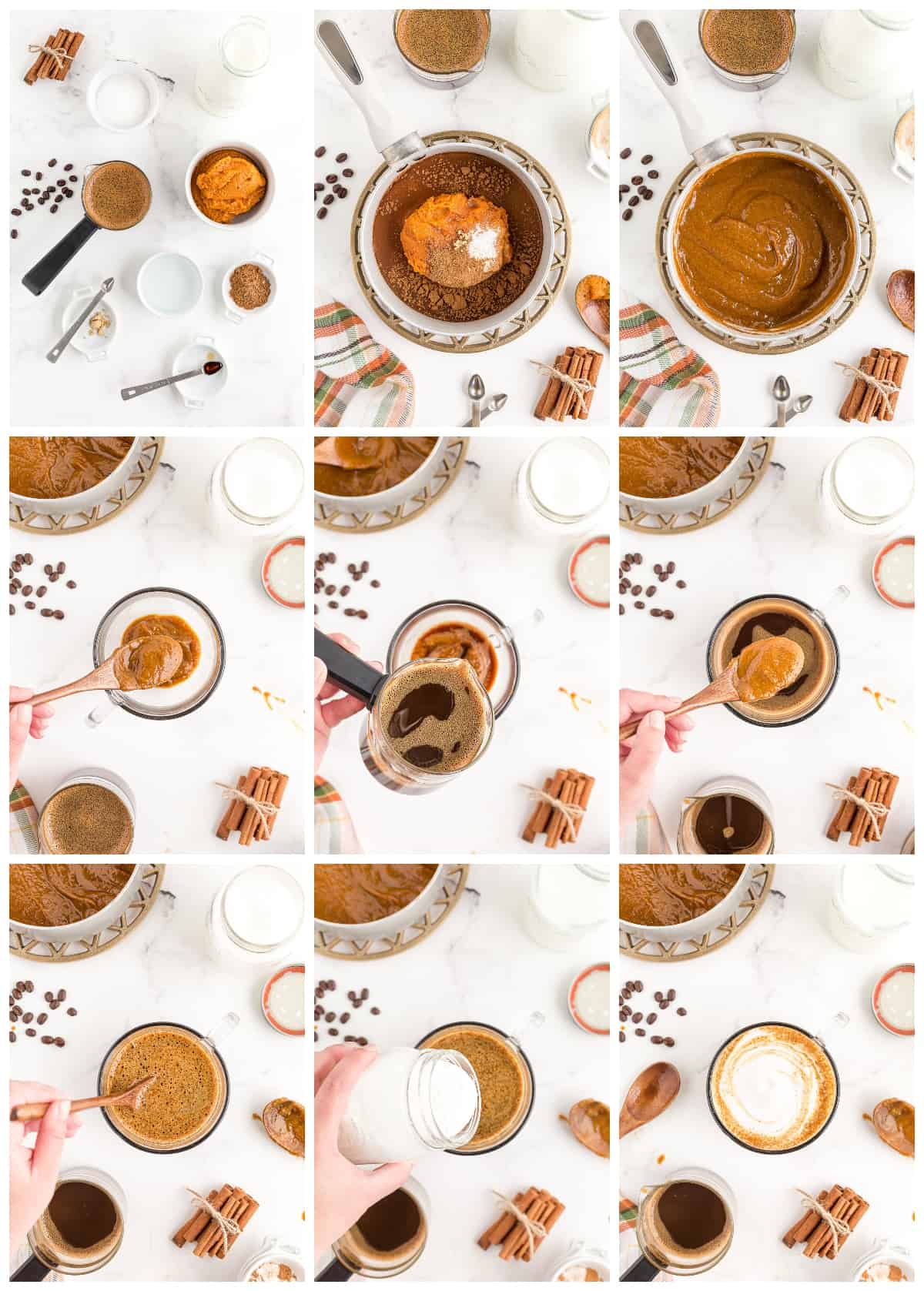 step by step process photos showing how to make a pumpkin spice latte.