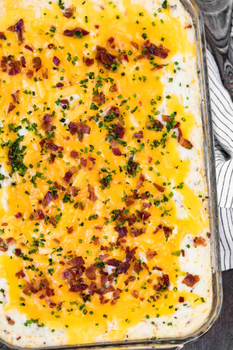 overhead loaded mashed potato casserole in baking dish