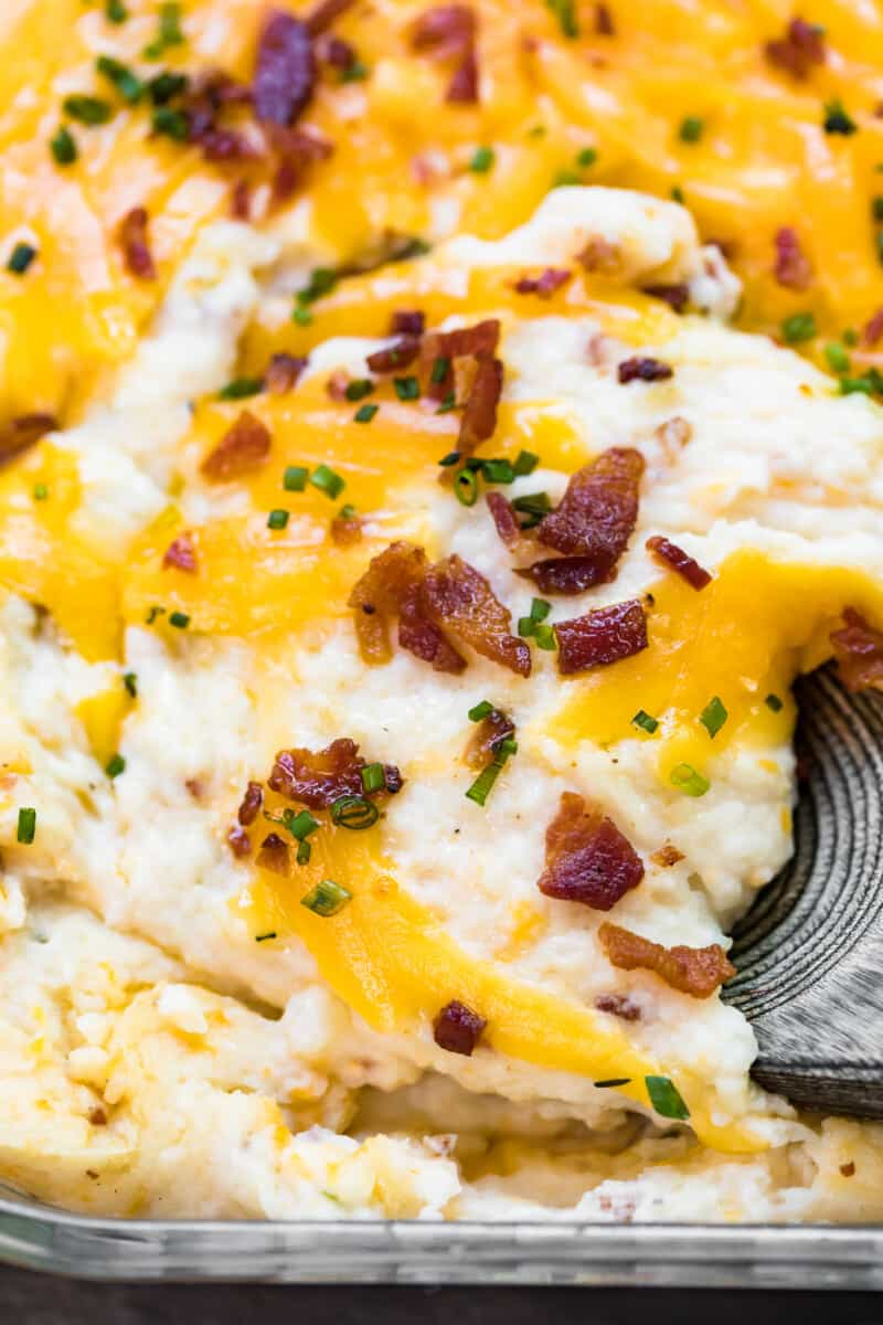 up close image of loaded mashed potato casserole