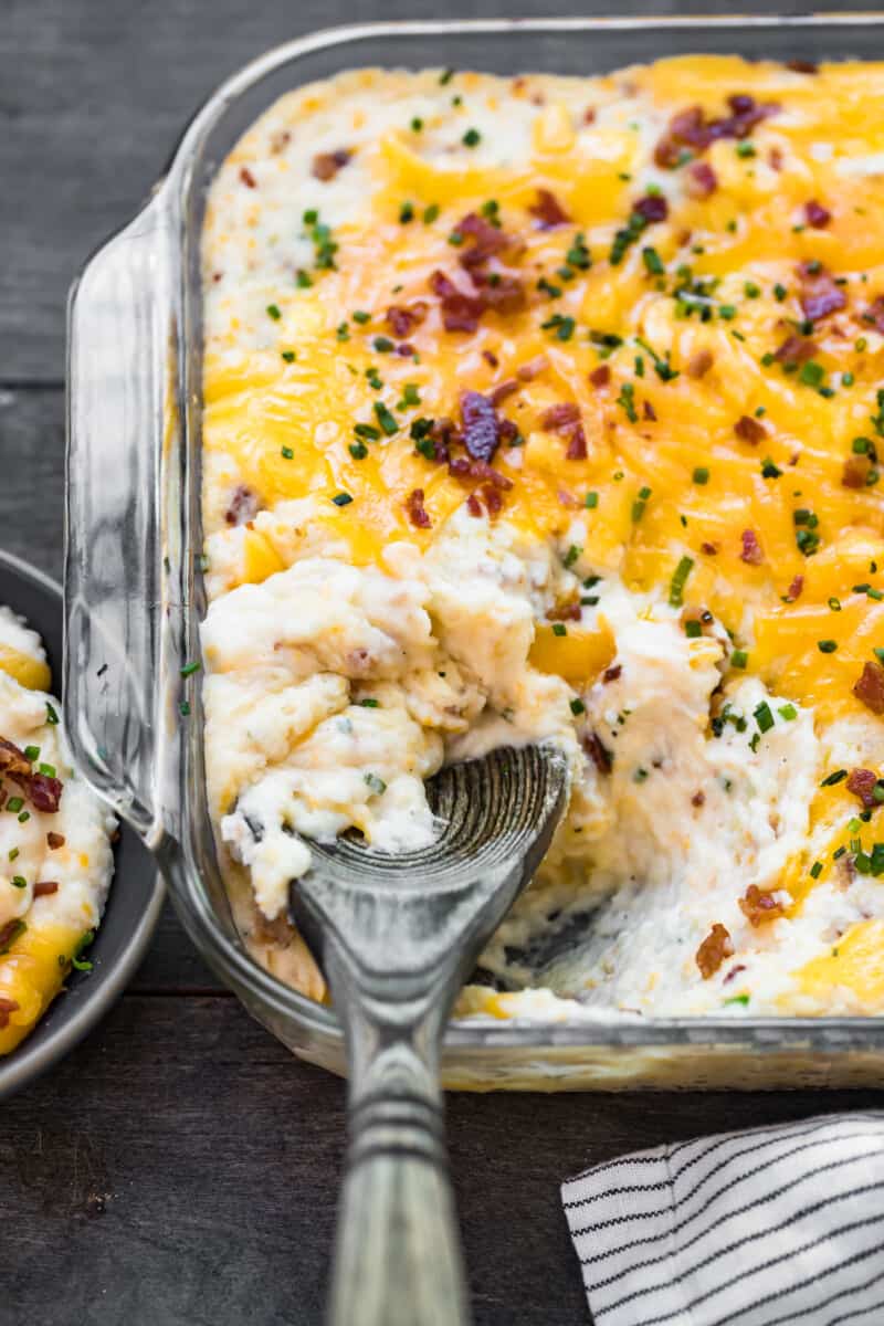 overhead image of loaded mashed potato casserole