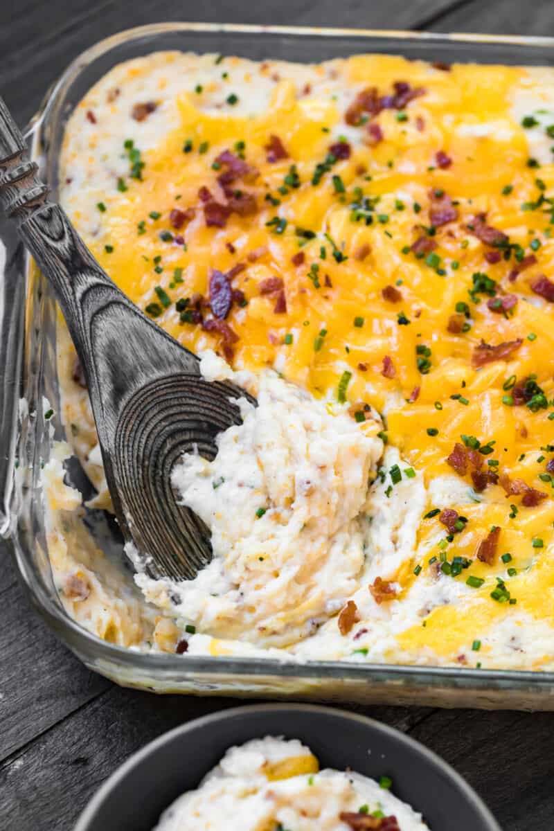 overhead image of loaded mashed potato casserole