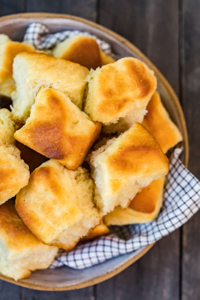 overhead image of bowl of yeast rolls