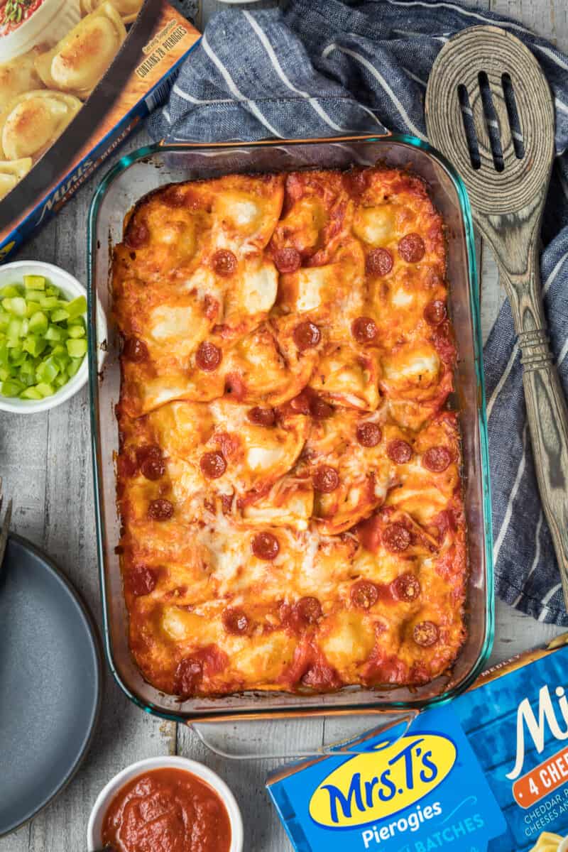 pierogy pizza casserole in baking dish