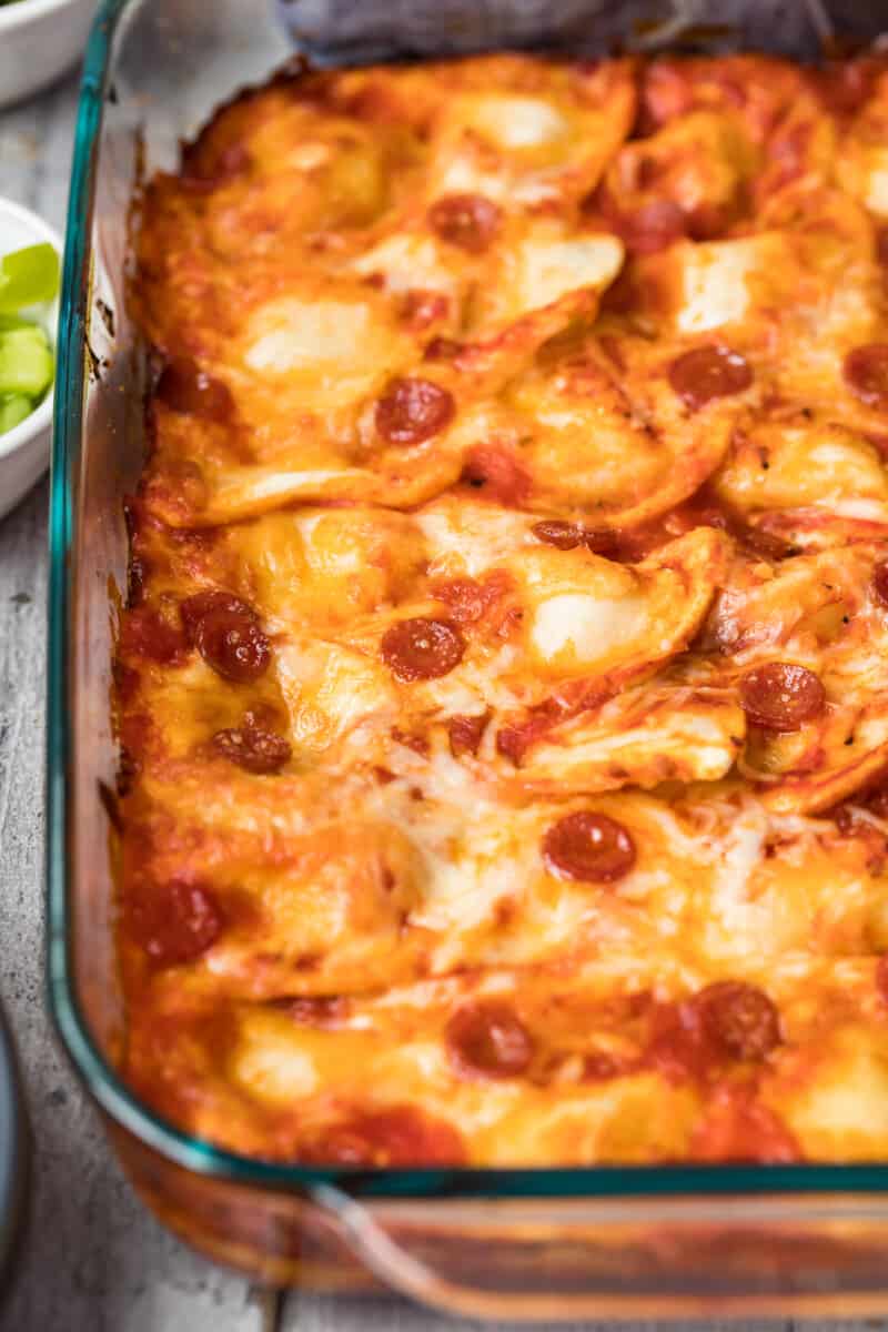 up close image of pepperoni pierogy pizza casserole