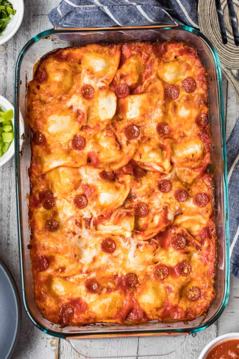 overhead image of pepperoni pizza pierogi casserole