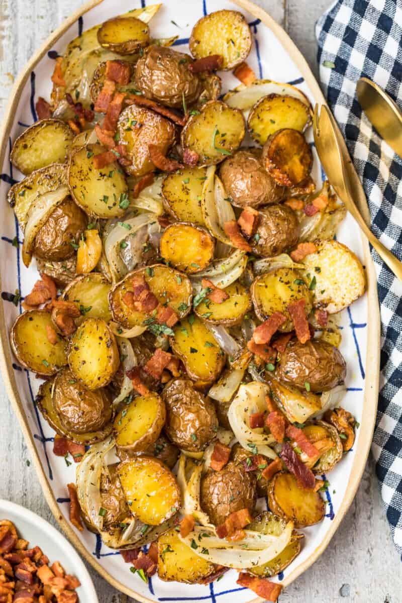 roasted red potatoes with bacon and onion on platter