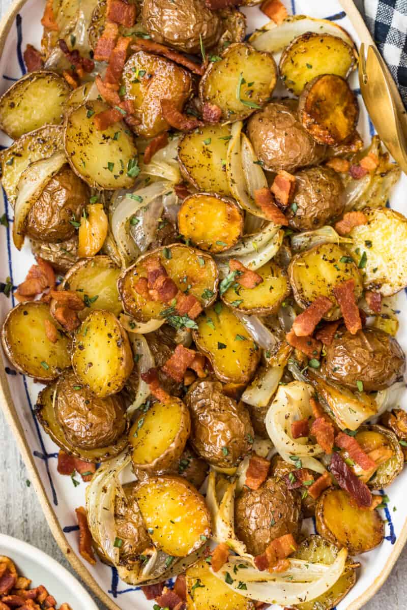 up close image of roasted potatoes with bacon