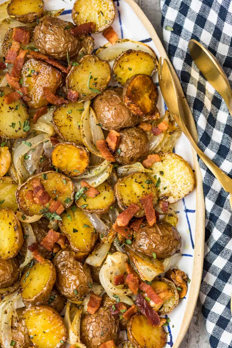 platter with roasted red potatoes with bacon and onion