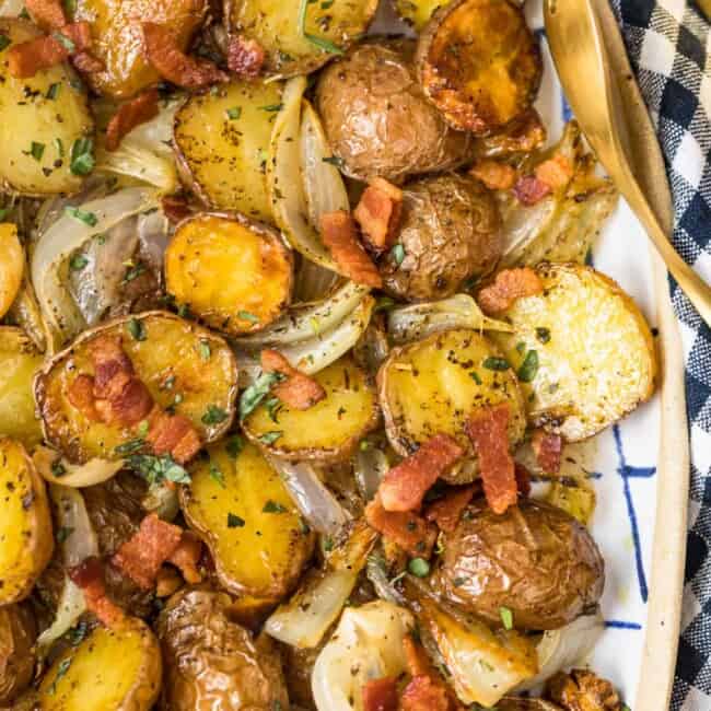 platter with halved roasted potatoes