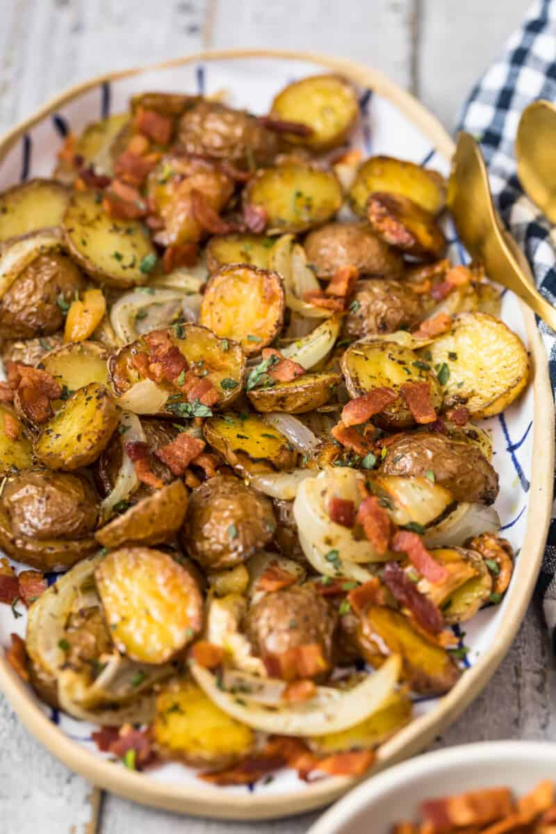 side image of halved roasted red potatoes