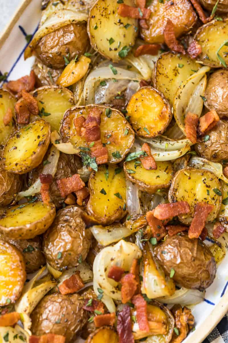 roasted red potatoes with bacon and onions on platter