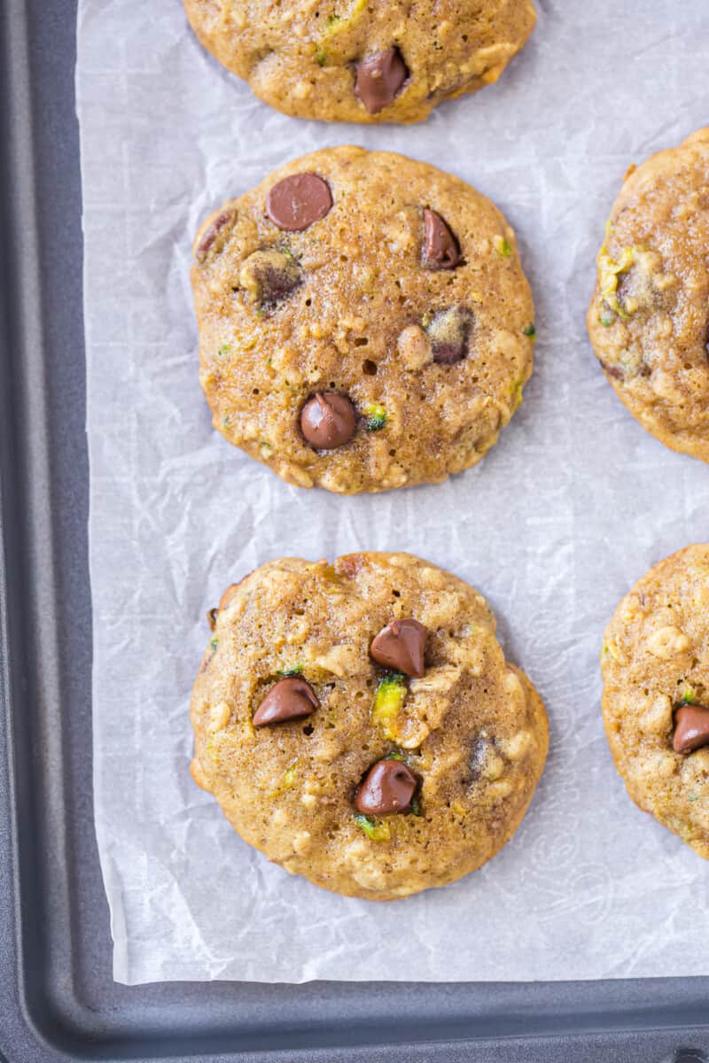 zucchini chocolate chip cookies on sheet pan