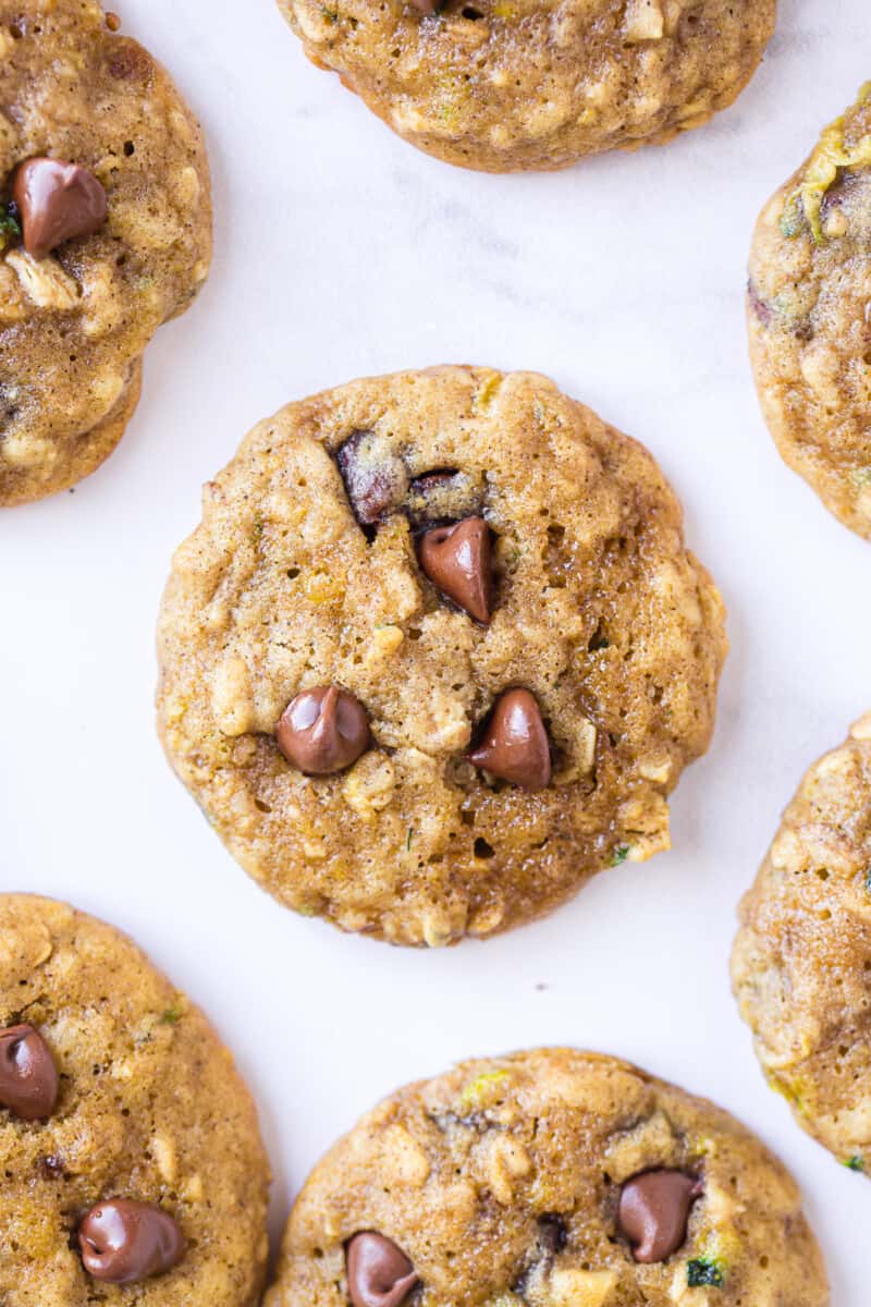 up close image of chocolate chip cookies with zucchini