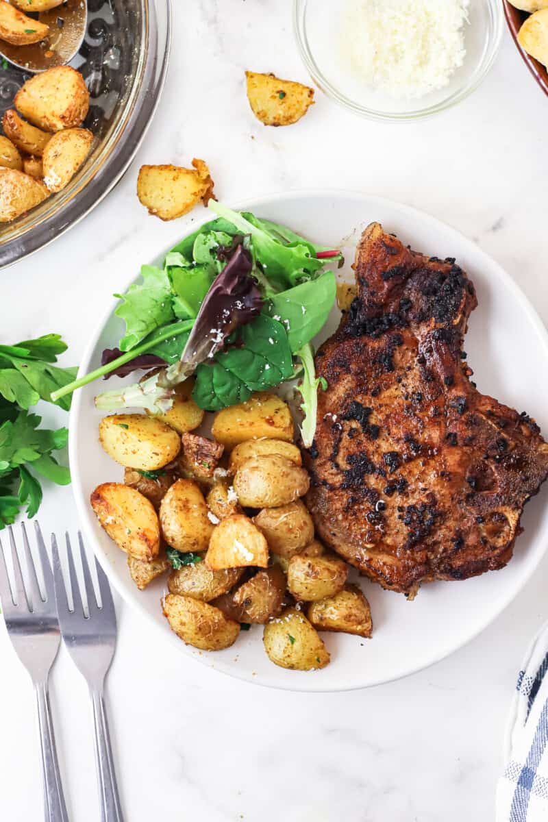 air fryer roasted potatoes next to steak