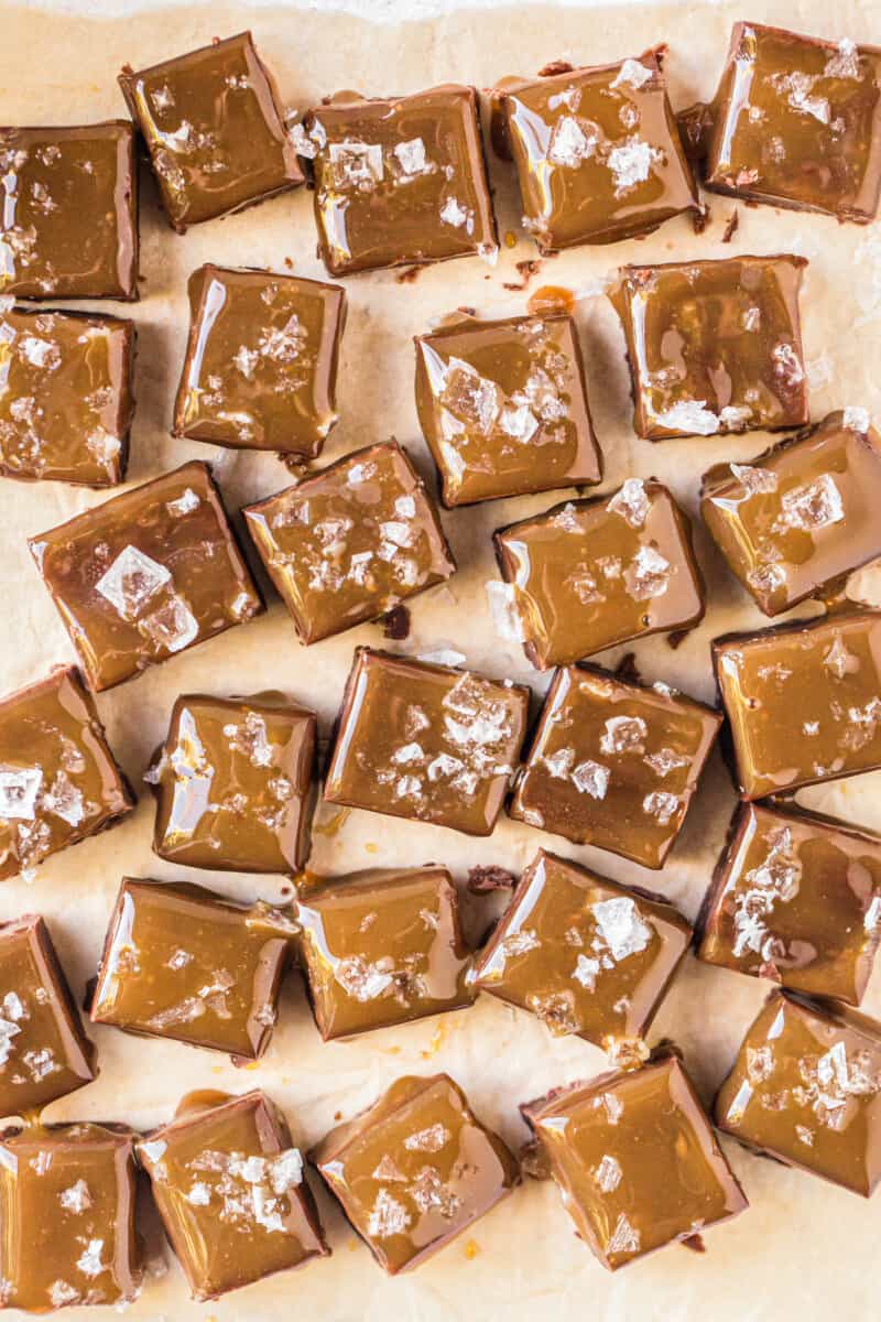 salted caramel chocolate fudge cut into cubes