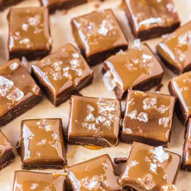 salted caramel chocolate fudge cut into cubes