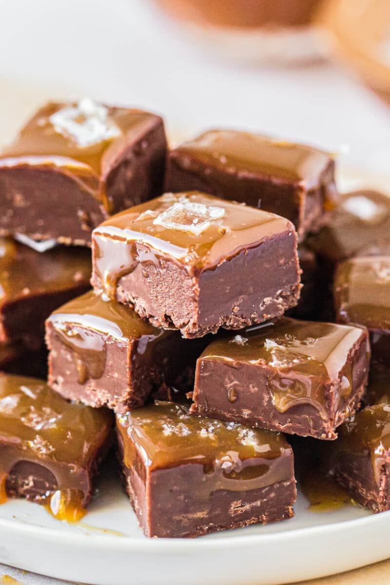 stacked caramel chocolate fudge