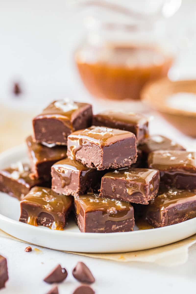 stacked caramel chocolate fudge