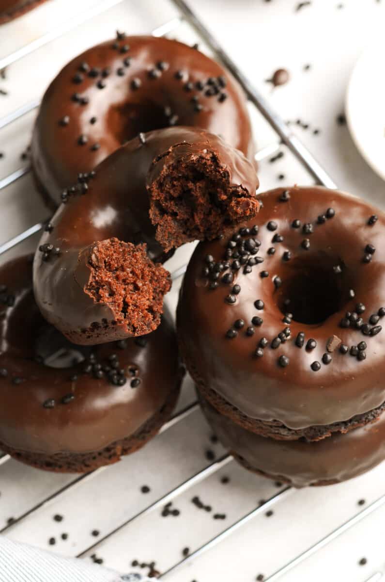up close image of chocolate donuts