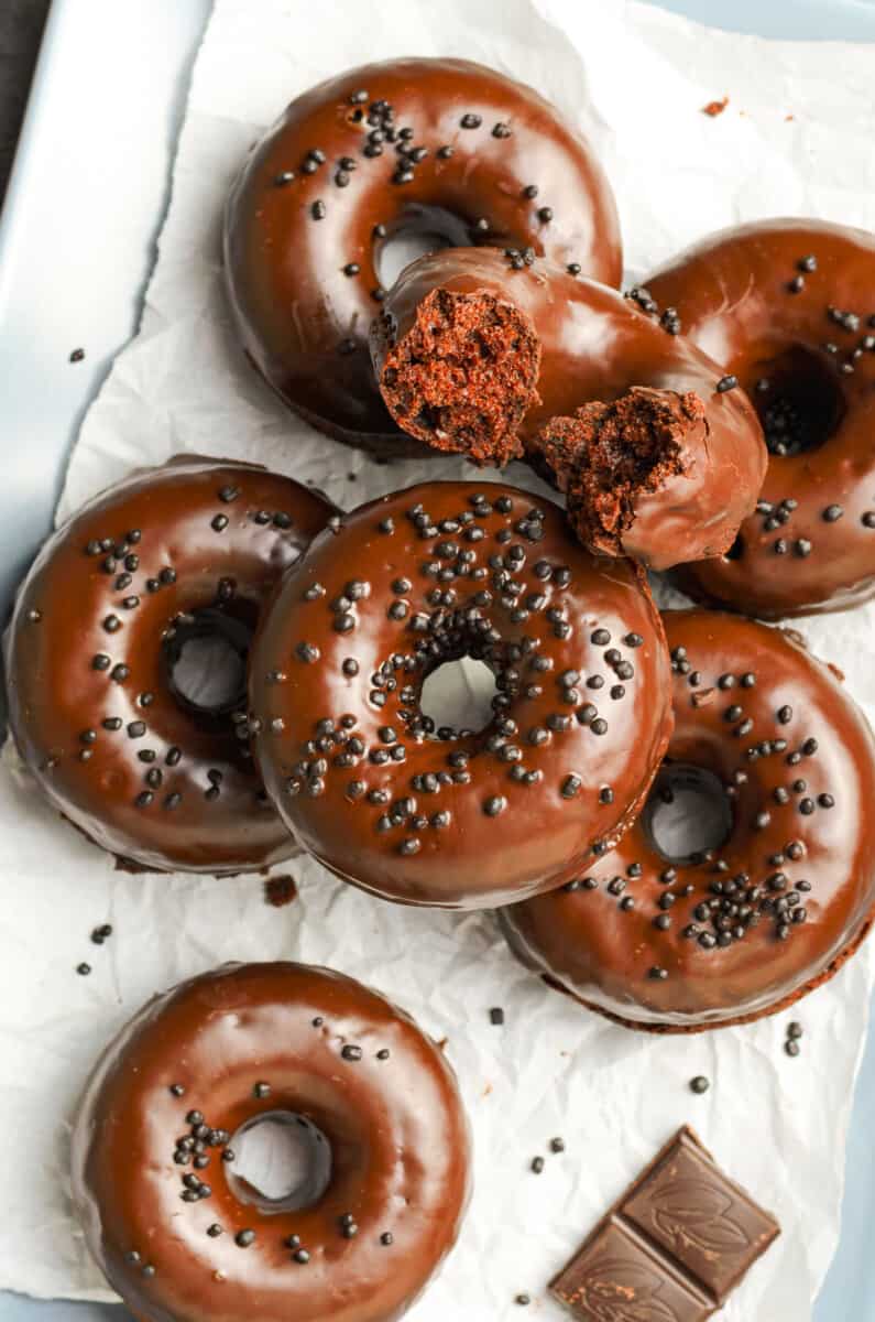 overhead image of chocolate donuts