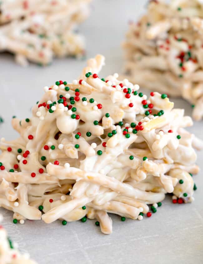 christmas white chocolate peanut haystack on parchment