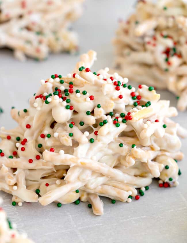 christmas white chocolate peanut haystack on parchment