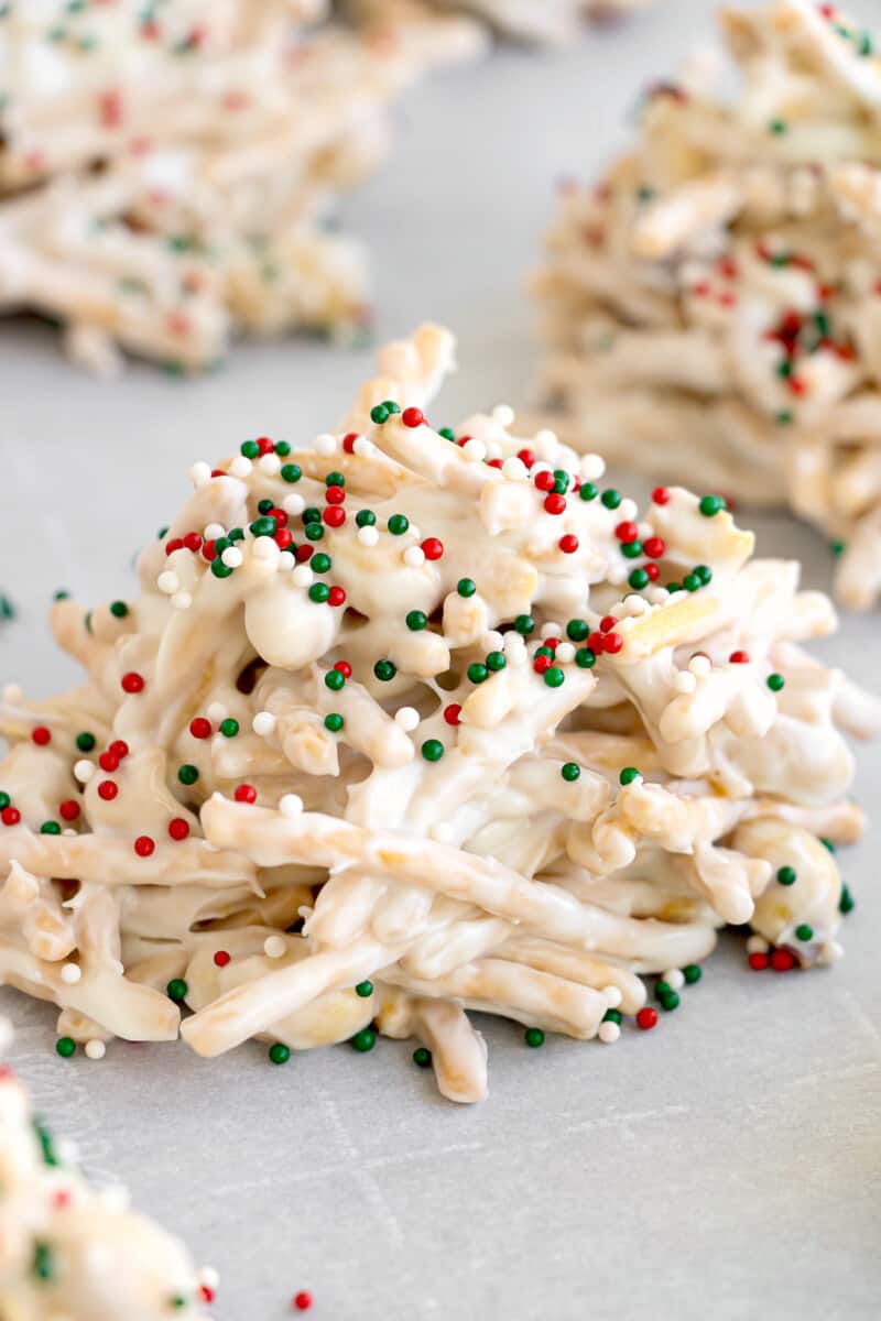 christmas white chocolate peanut haystack on parchment