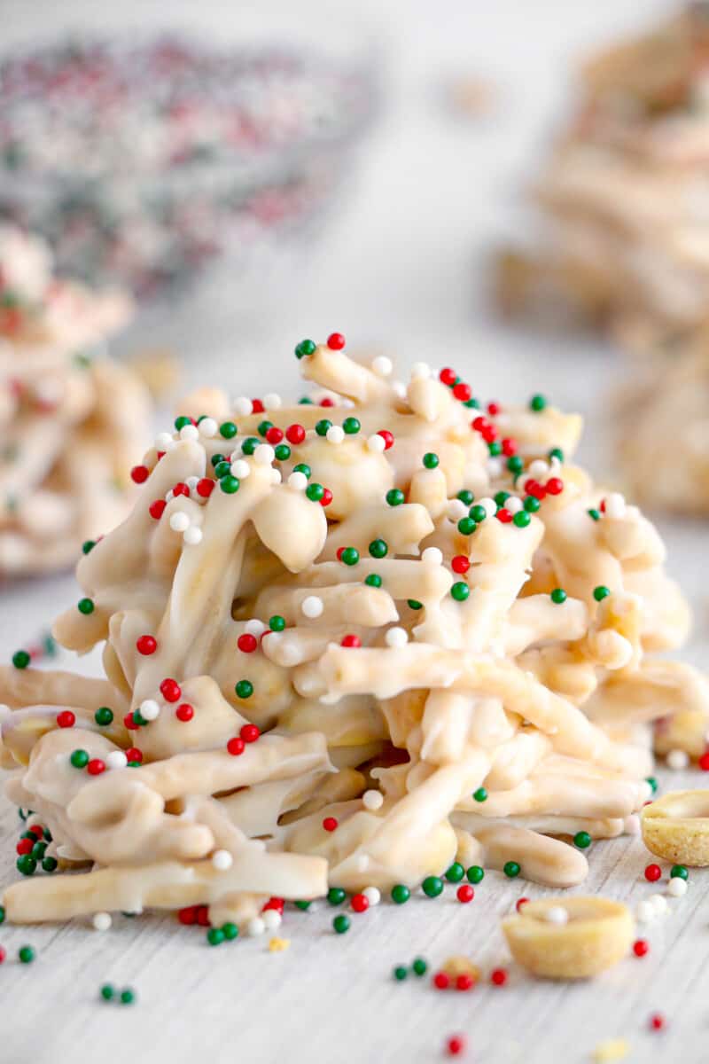 christmas white chocolate peanut haystack on parchment