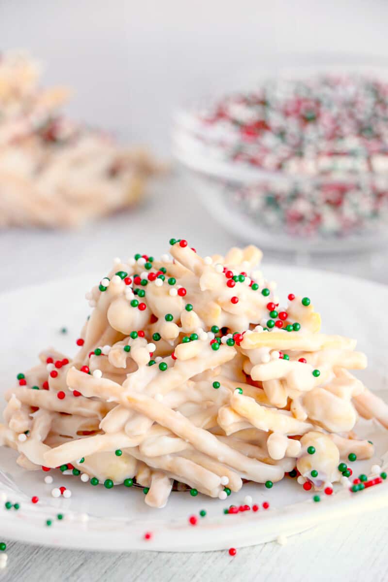 crockpot white chocolate haystacks with christmas sprinkles