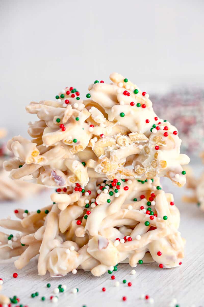 crockpot white chocolate haystacks with christmas sprinkles