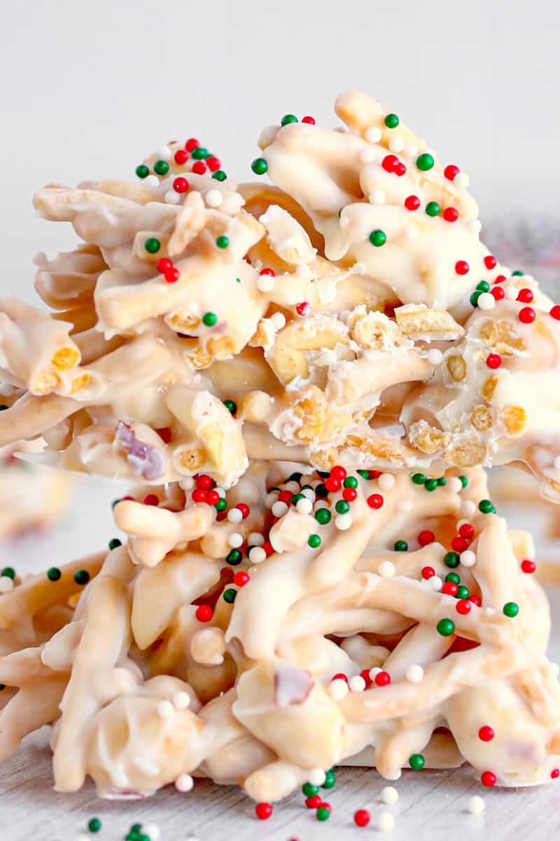 crockpot white chocolate haystacks with christmas sprinkles