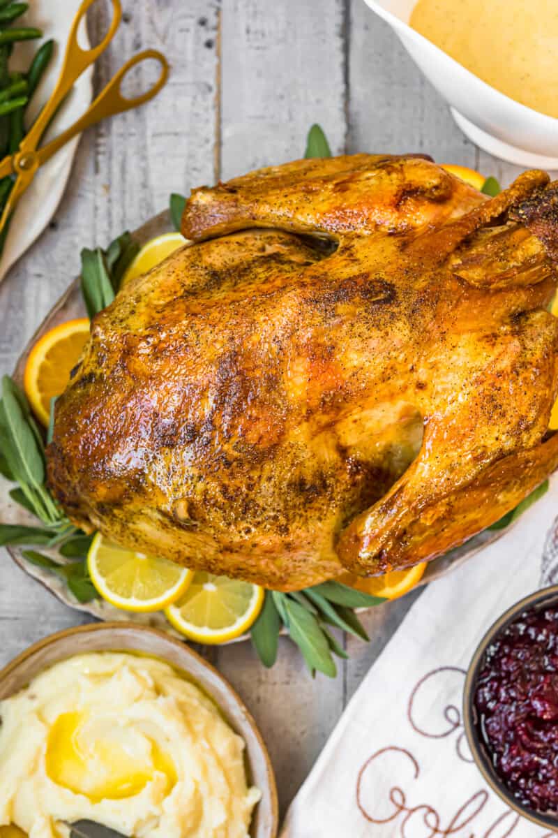 overhead image of roast turkey on platter