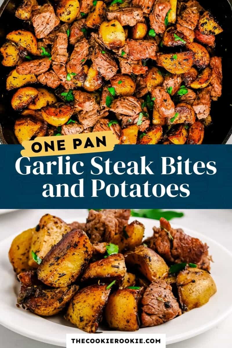 garlic steak bites and potatoes pinterest collage