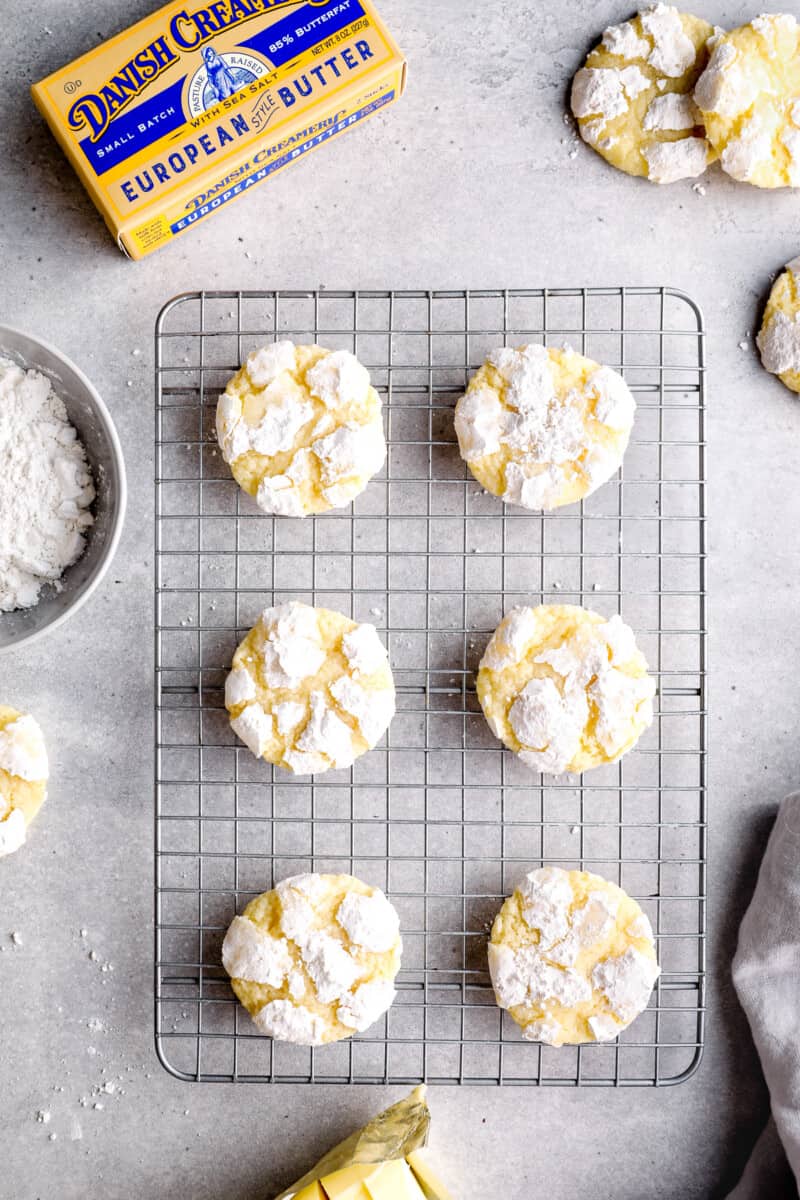 gooey butter cookies on cooling rack