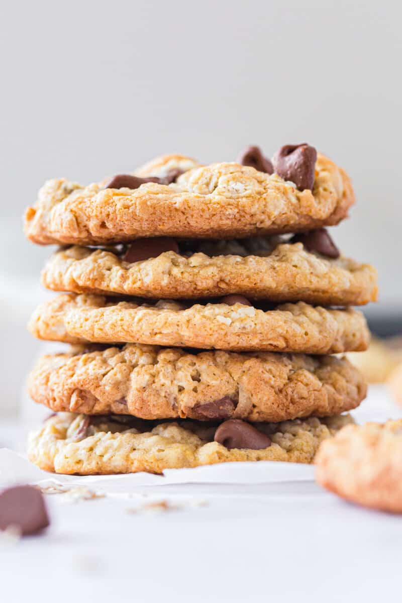 stacked honey oatmeal chocolate chip cookies