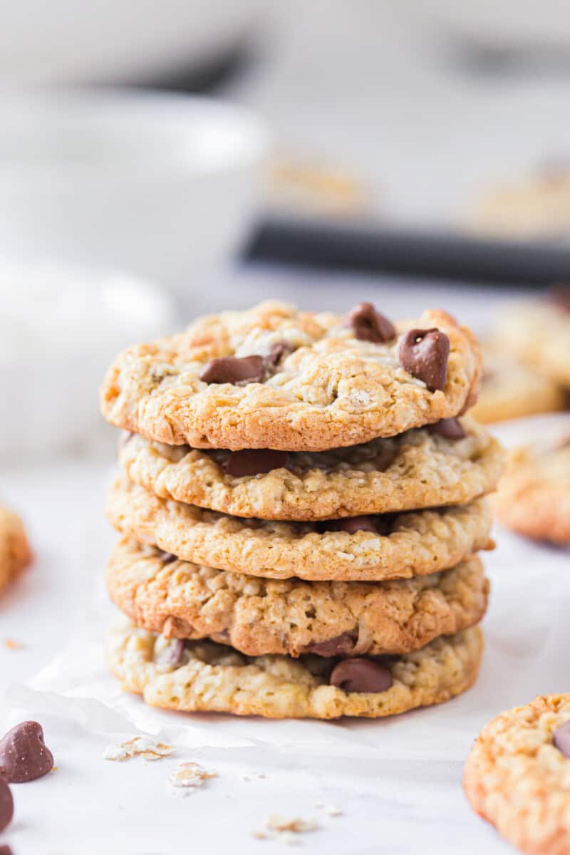 stacked honey oatmeal chocolate chip cookies