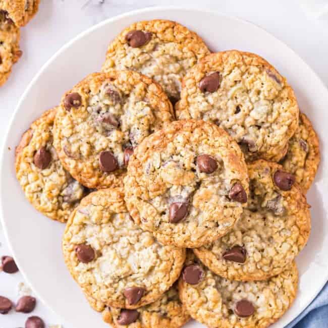 oatmeal chocolate chip cookies sweetened with honey on platter
