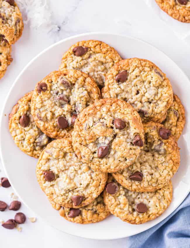 oatmeal chocolate chip cookies sweetened with honey on platter