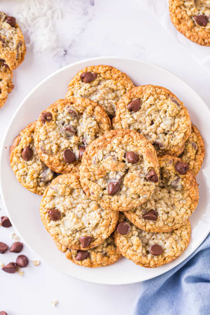 oatmeal chocolate chip cookies sweetened with honey on platter