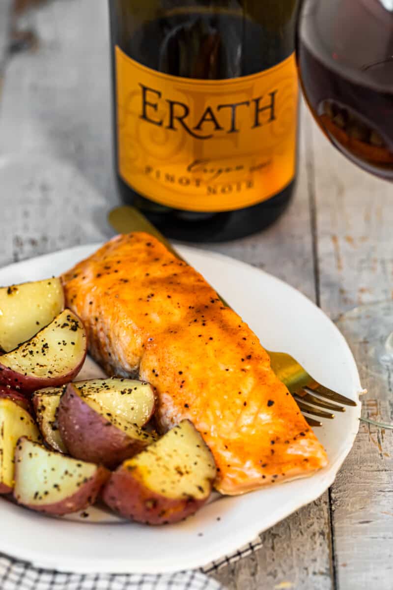 maple salmon and potatoes on white plate