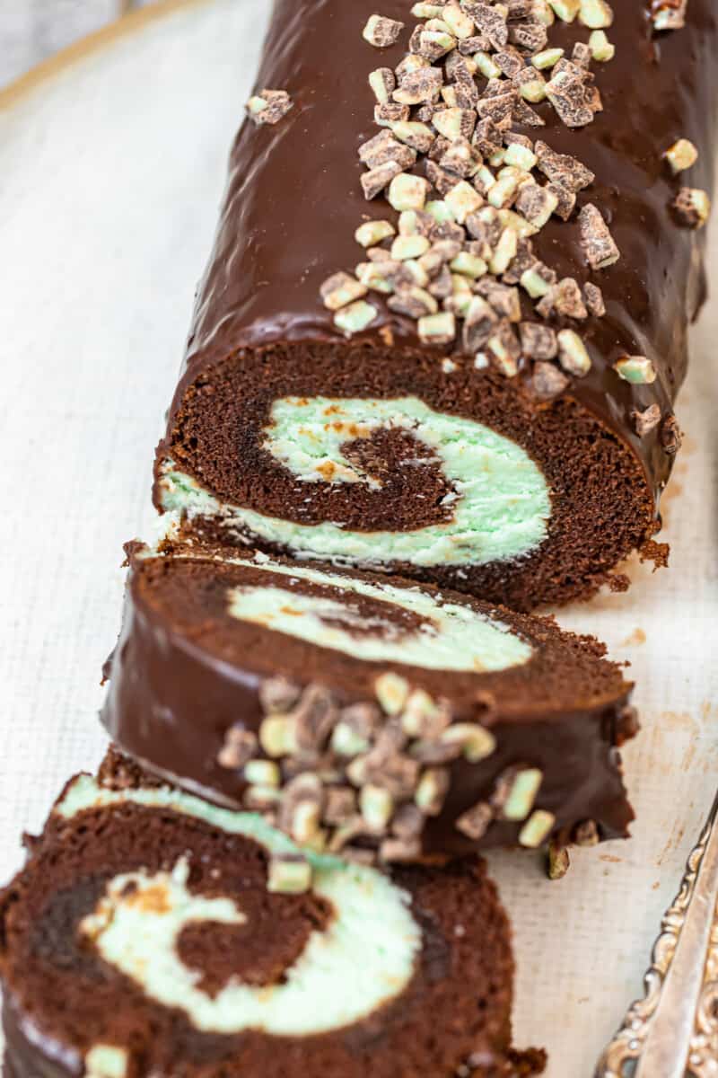 mint chocolate swiss roll sliced