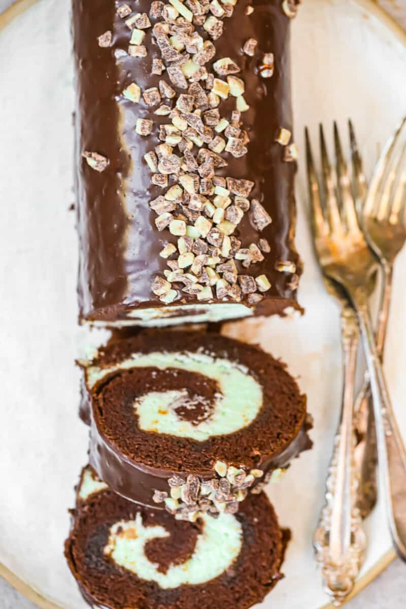 overhead mint chocolate swiss roll sliced