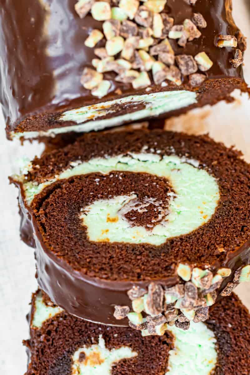 up close slices of mint chocolate swiss roll